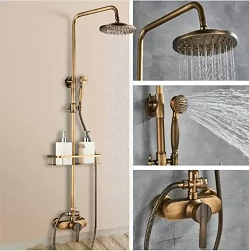 Antique Brass Shower Set with 75-120cm Adjustable Shower Head with Shelf Stainless Steel Material Composed of Copper Shell ABS Hand Shower
