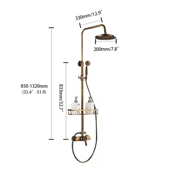 Antique Brass Shower Set with 75-120cm Adjustable Shower Head with Shelf Stainless Steel Material Composed of Copper Shell ABS Hand Shower