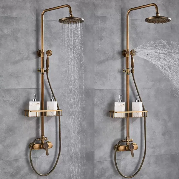 Antique Brass Shower Set with 75-120cm Adjustable Shower Head with Shelf Stainless Steel Material Composed of Copper Shell ABS Hand Shower