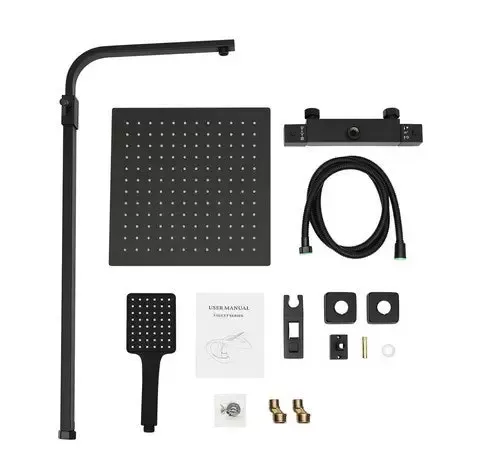 Black Thermostat Shower System - Stainless Steel Shower Bar - Copper Thermostatic Faucet for Bathroom