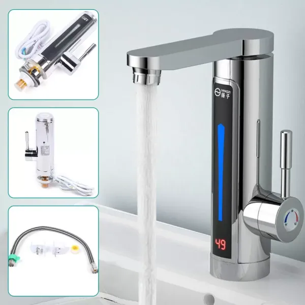 Electric Kitchen Faucet With Led Temperature Indicator 3000w For Kitchen Laundry Bathroom 220 V Ipx4 360° Rotation Silver Led Display High Efficiency Electric Kitchen Faucet With Led Temperature Indicator 3000w For Kitchen Laundry Bathroom 220 V Ipx4 360° Rotation Silver Led Display High Efficiency