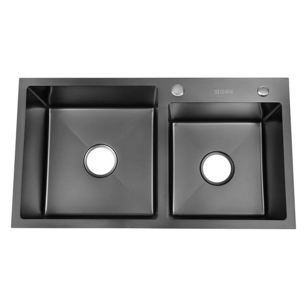 304 Stainless Steel Double Kitchen Sink with Drainer, Rectangular Sink/Double Sink 78 x 43 x 22 cm (L x W x H) Black