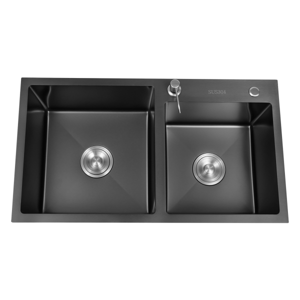 304 Stainless Steel Double Kitchen Sink with Drainer, Rectangular Sink/Double Sink 78 x 43 x 22 cm (L x W x H) Black