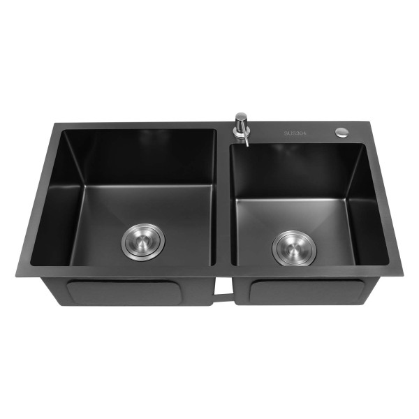 304 Stainless Steel Double Kitchen Sink with Drainer, Rectangular Sink/Double Sink 78 x 43 x 22 cm (L x W x H) Black