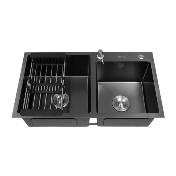 304 Stainless Steel Double Kitchen Sink with Drainer, Rectangular Sink/Double Sink 78 x 43 x 22 cm (L x W x H) Black