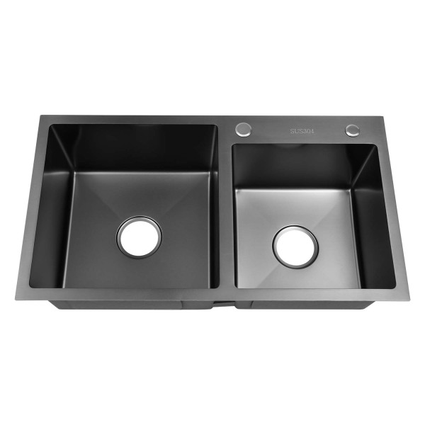 304 Stainless Steel Double Kitchen Sink with Drainer, Rectangular Sink/Double Sink 78 x 43 x 22 cm (L x W x H) Black