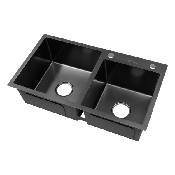 304 Stainless Steel Double Kitchen Sink with Drainer, Rectangular Sink/Double Sink 78 x 43 x 22 cm (L x W x H) Black