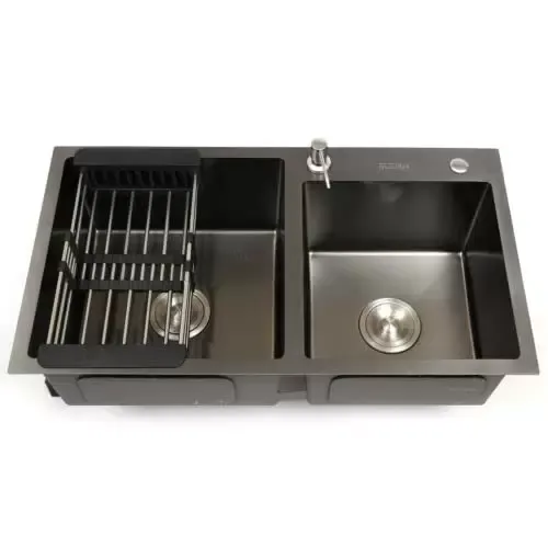 304 Stainless Steel Double Kitchen Sink with Drainer, Rectangular Sink/Double Sink 78 x 43 x 22 cm (L x W x H) Black