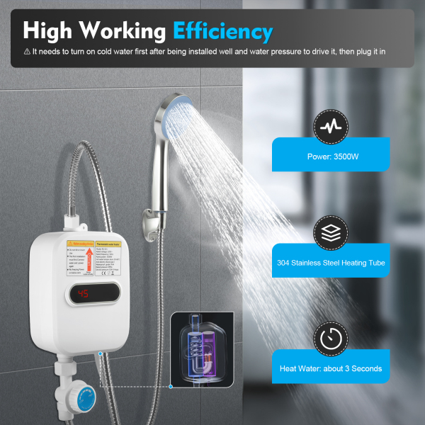 Electronic Instant Water Heater 3500w Mini Instant Water Heater + Shower Head 5*2.68*6.5inch White For Installation In Kitchens Bathrooms Bathrooms