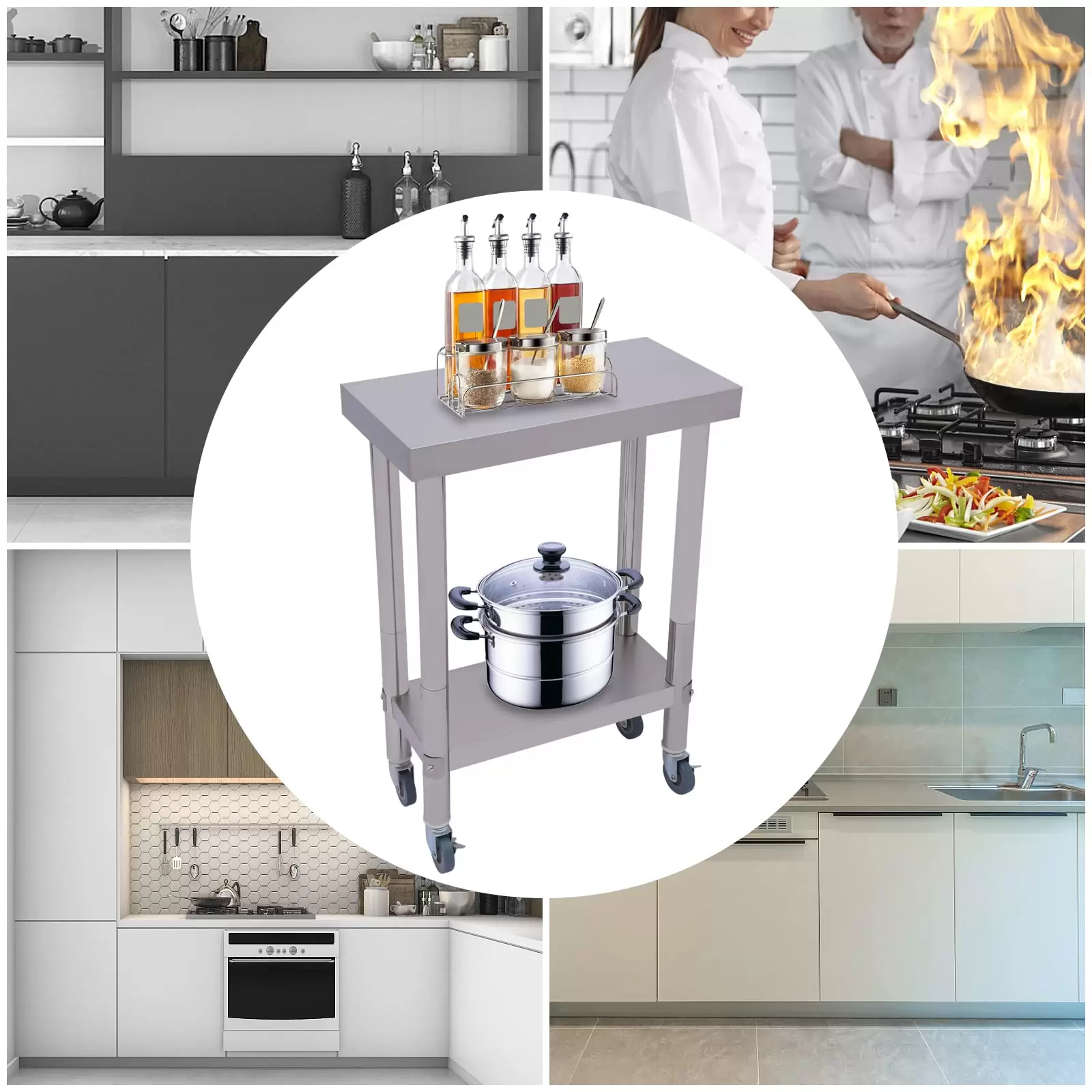 2-Tier Stainless Steel Work Table, Stainless Steel Work Table, Food Preparation Table, with Shelf 2-Tier Stainless Steel Work Table, Stainless Steel Work Table, Food Preparation Table, with Shelf