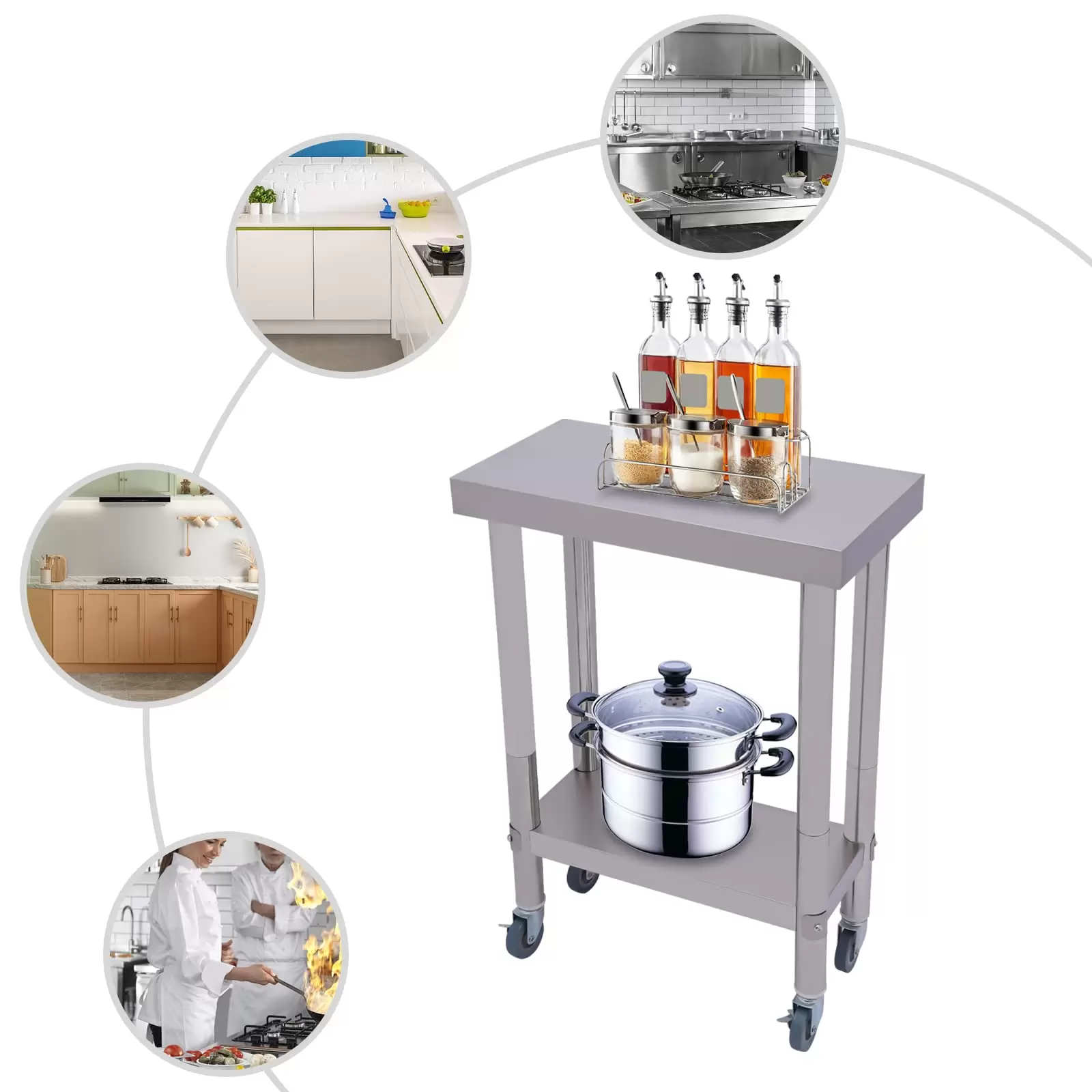 2-Tier Stainless Steel Work Table, Stainless Steel Work Table, Food Preparation Table, with Shelf 2-Tier Stainless Steel Work Table, Stainless Steel Work Table, Food Preparation Table, with Shelf