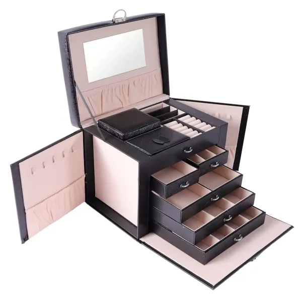 Girl's jewelry box with mirror jewelry box - Large jewelry cabinet with 5 drawers - Gift for girl and child - Black