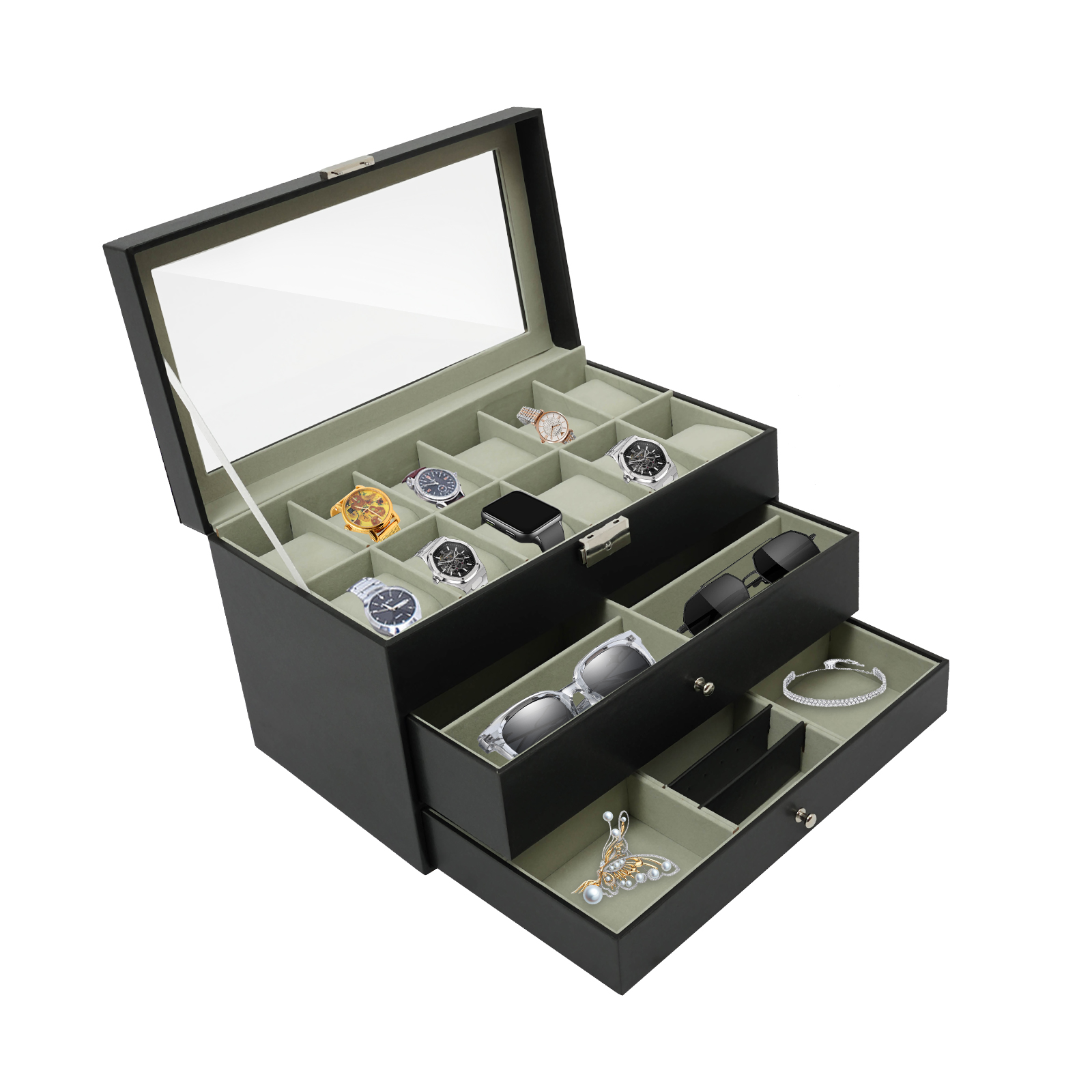 3-Tray Jewelry Box, Desktop Jewelry Cabinet, Watch Box Case for  Bedroom, Living Room