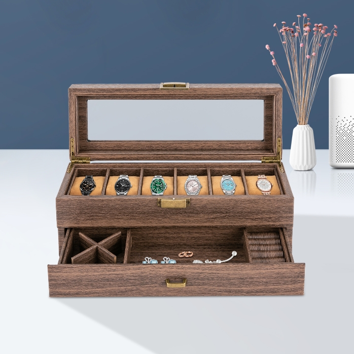 Wood grain double layer 6 compartment watch box, watch storage box, two layer design Wood grain double layer 6 compartment watch box, watch storage box, two layer design
