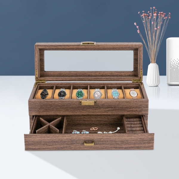 Wood grain double layer 6 compartment watch box, watch storage box, two layer design