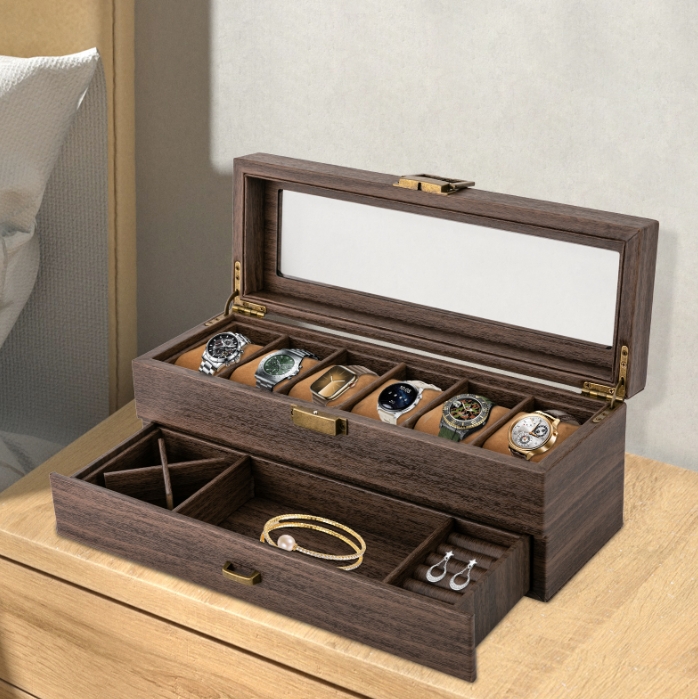 Wood grain double layer 6 compartment watch box, watch storage box, two layer design Wood grain double layer 6 compartment watch box, watch storage box, two layer design
