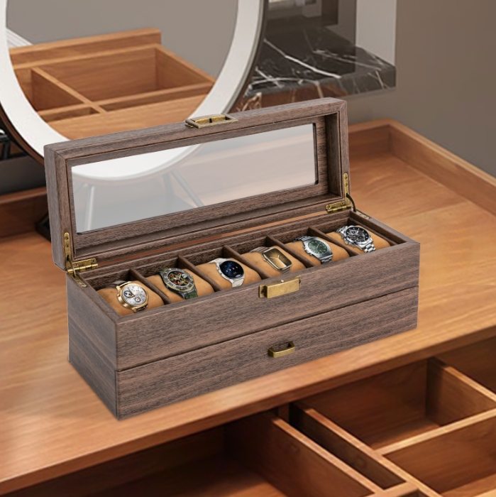 Wood grain double layer 6 compartment watch box, watch storage box, two layer design Wood grain double layer 6 compartment watch box, watch storage box, two layer design