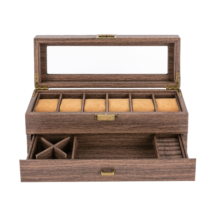 Wood grain double layer 6 compartment watch box, watch storage box, two layer design Wood grain double layer 6 compartment watch box, watch storage box, two layer design