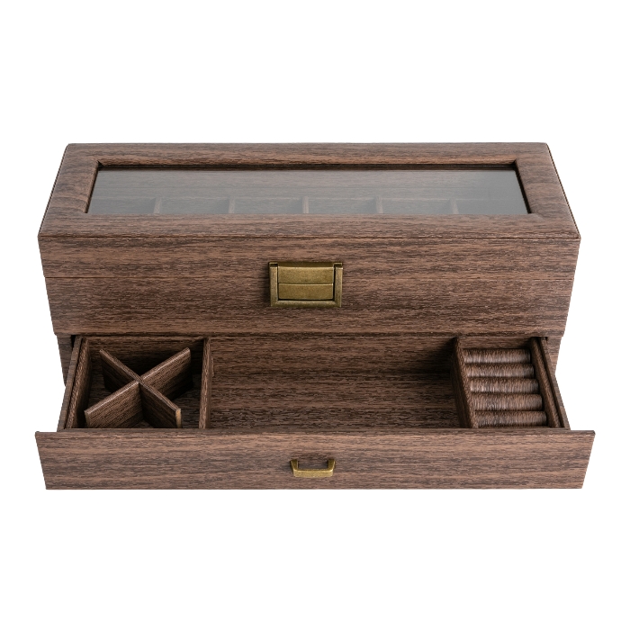 Wood grain double layer 6 compartment watch box, watch storage box, two layer design Wood grain double layer 6 compartment watch box, watch storage box, two layer design