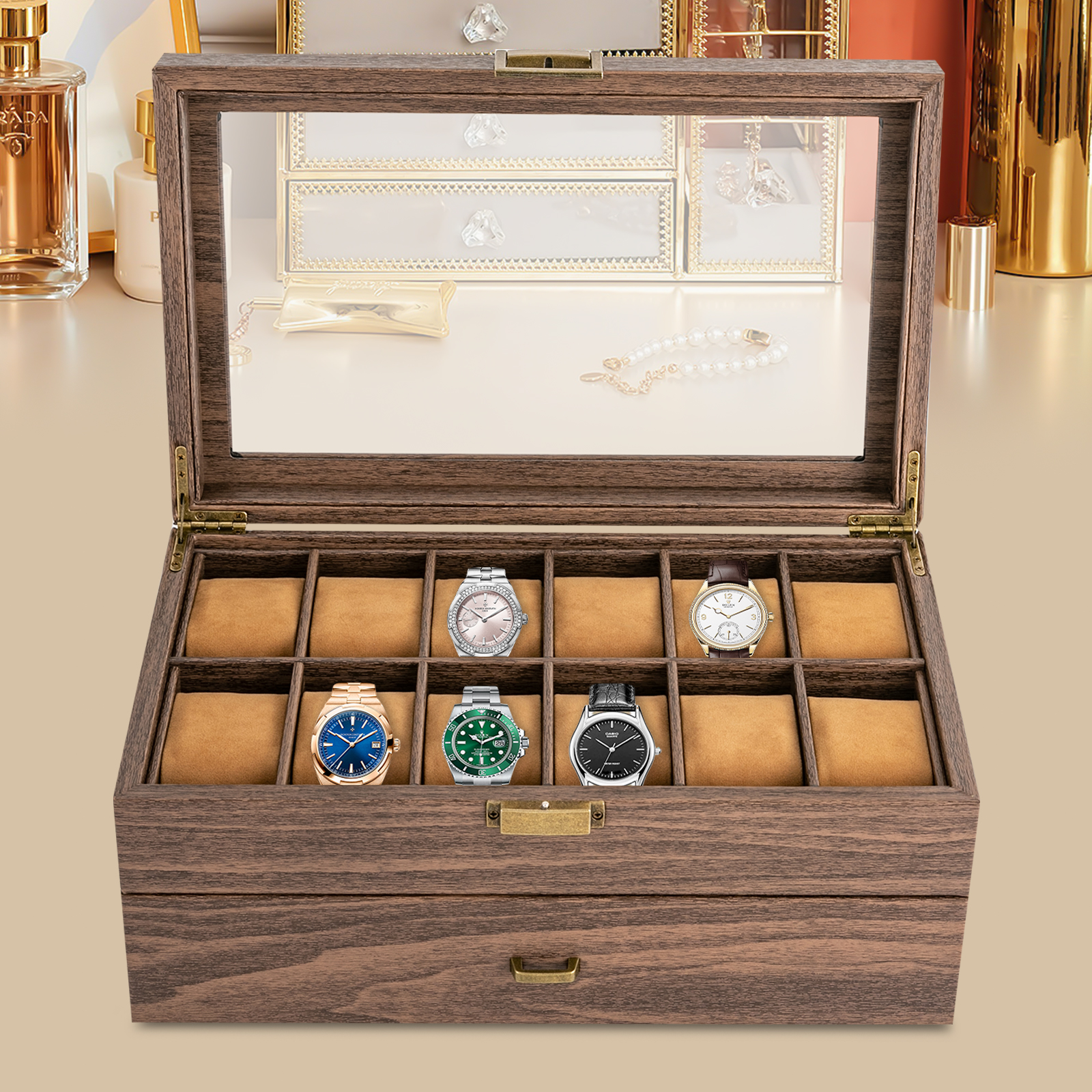 Watch box, Watch case for men's watches, Women's watch case, Watch organizer, 34*21*15cm, Brown