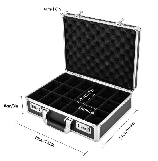 18-grid watch display box, aluminum alloy lockable watch box, black 18-grid watch display box, aluminum alloy lockable watch box, black