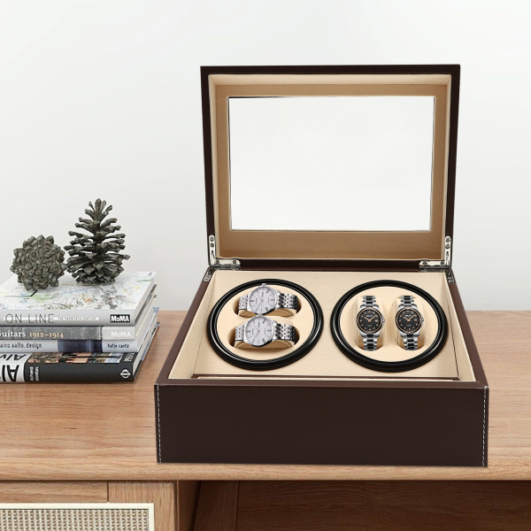 4+6 Watch Case Brown Leather Modern Watch Storage Box Watch Winder Suitable for Personal Use Store Display and Home Decoration 11.81*9.44in Brown