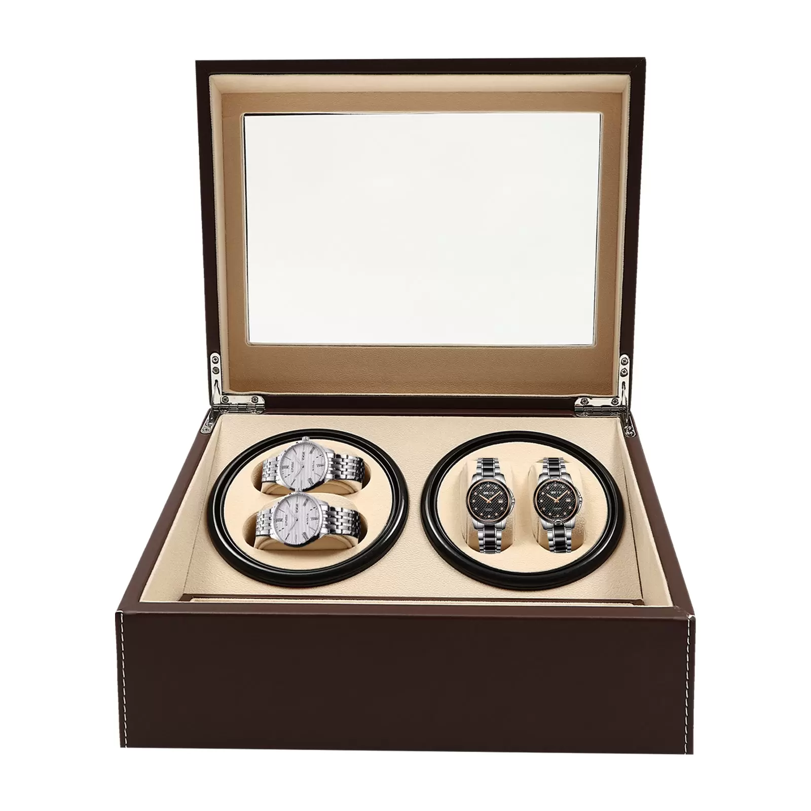 4+6 Watch Case Brown Leather Modern Watch Storage Box Watch Winder Suitable for Personal Use Store Display and Home Decoration 11.81*9.44in Brown