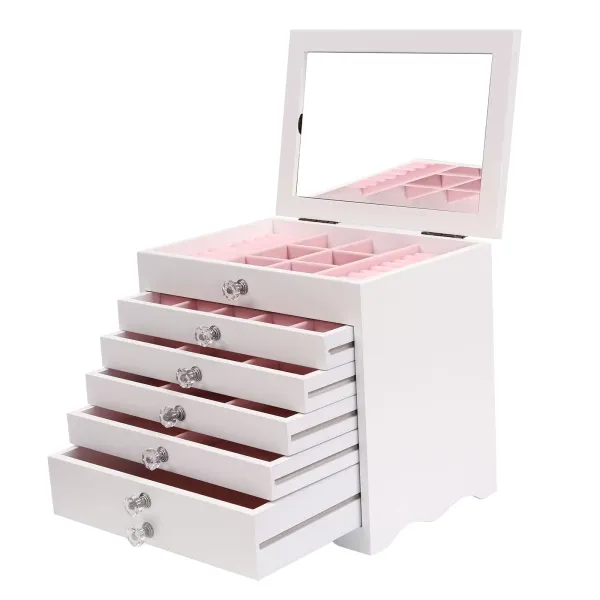 7 Tiers Large Jewelry Box with Glass Lid, 5 Drawers, White Jewelry Box for Earrings, Necklaces, Watches, Rings, Gifts
