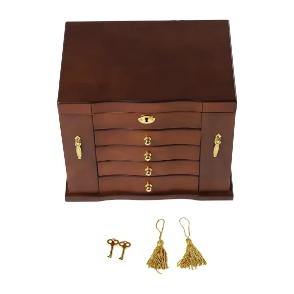 Large 5-Tier Wooden Jewelry Box for Women Wood Organizer with Combo Lock for Jewelries with Mirror Vintage Style 46 x 24 x 25 cm Brown