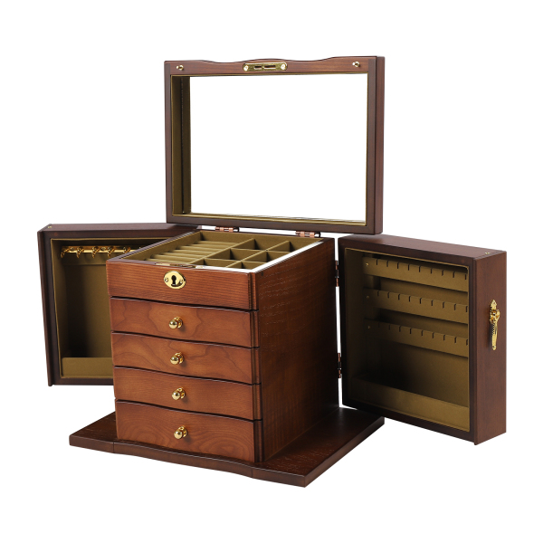 Large 5-Tier Wooden Jewelry Box for Women Wood Organizer with Combo Lock for Jewelries with Mirror Vintage Style 46 x 24 x 25 cm Brown