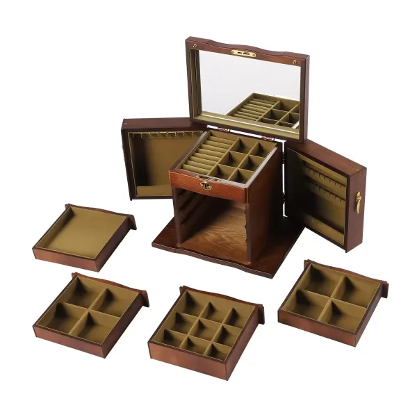Large 5-Tier Wooden Jewelry Box for Women Wood Organizer with Combo Lock for Jewelries with Mirror Vintage Style 46 x 24 x 25 cm Brown
