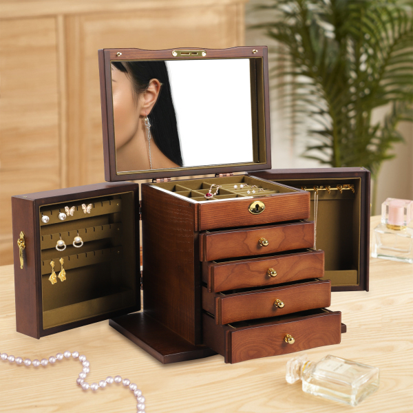 Large 5-Tier Wooden Jewelry Box for Women Wood Organizer with Combo Lock for Jewelries with Mirror Vintage Style 46 x 24 x 25 cm Brown