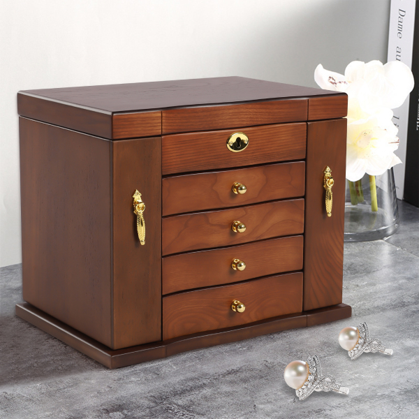 Large 5-Tier Wooden Jewelry Box for Women Wood Organizer with Combo Lock for Jewelries with Mirror Vintage Style 46 x 24 x 25 cm Brown