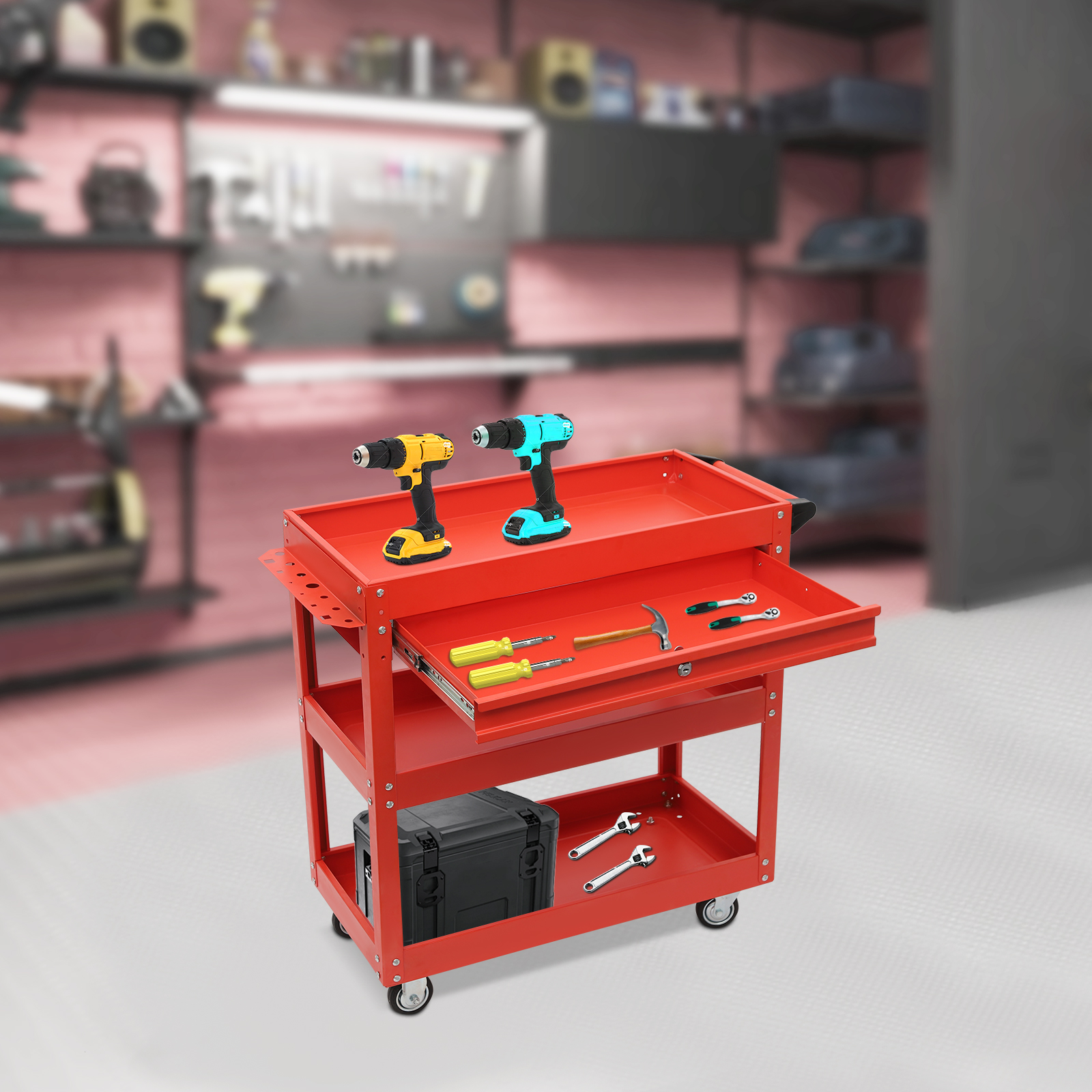 Rolling Tool Cart, 3 Tier Tool Cart, Tool Cart with Storage Drawer