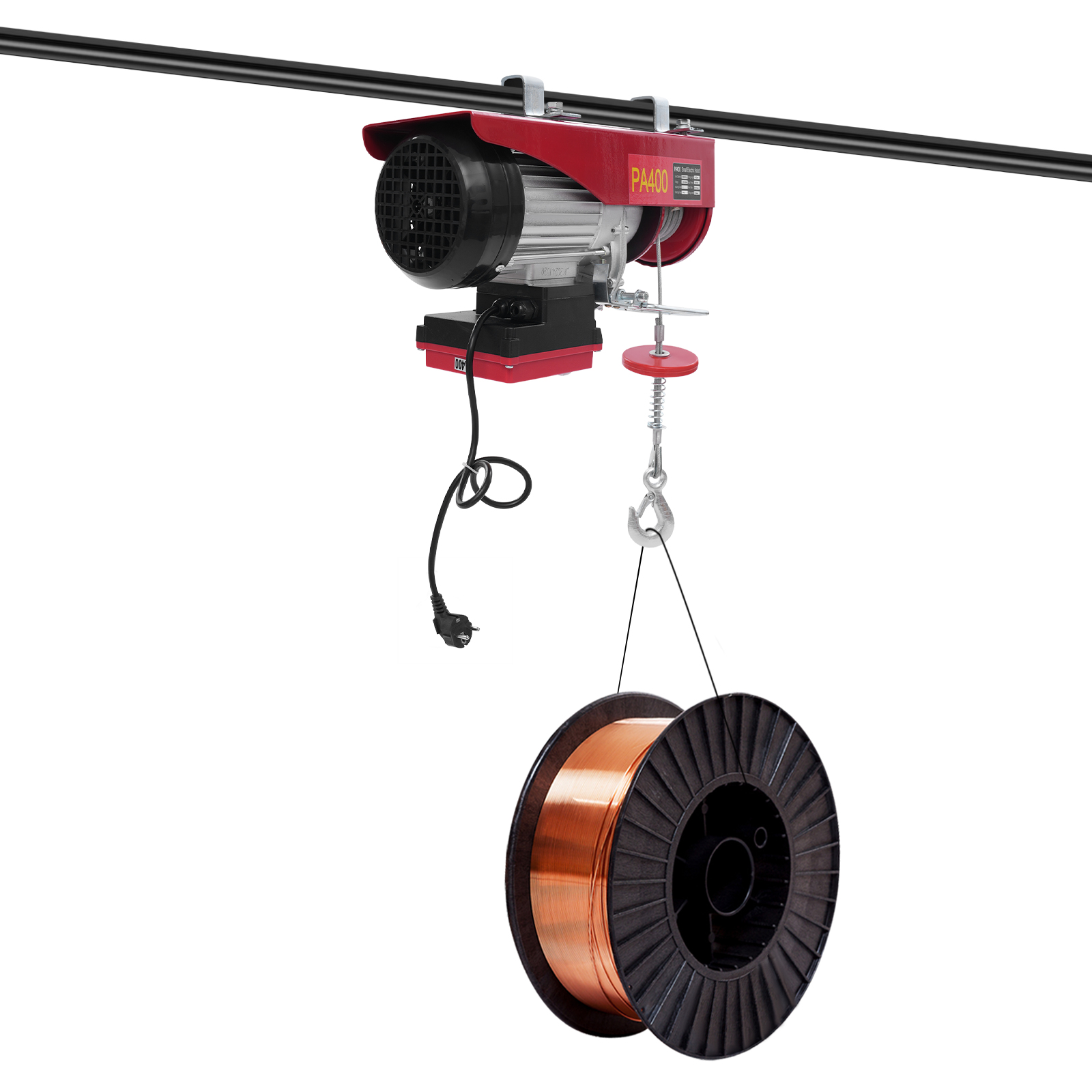 400kg 12m Wire Rope Electric Hoist, Electric Hoist with Wireless Control, Electric Hoist with Two Slings - Red