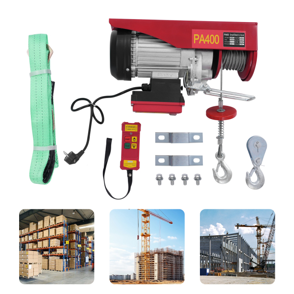 400kg 12m Wire Rope Electric Hoist, Electric Hoist with Wireless Control, Electric Hoist with Two Slings - Red 400kg 12m Wire Rope Electric Hoist, Electric Hoist with Wireless Control, Electric Hoist with Two Slings - Red
