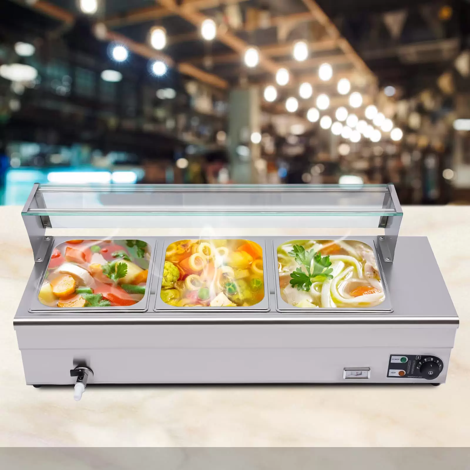 Electric Buffet Warmer 1200W with Thermometer and Drain Tap 3 x 6 L Stainless Steel Electric Buffet Warmer For Guests Including Milk Silver Electric Buffet Warmer 1200W with Thermometer and Drain Tap 3 x 6 L Stainless Steel Electric Buffet Warmer For Guests Including Milk Silver