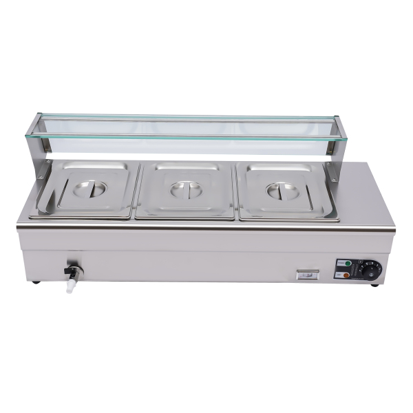 Electric Buffet Warmer 1200W with Thermometer and Drain Tap 3 x 6 L Stainless Steel Electric Buffet Warmer For Guests Including Milk Silver