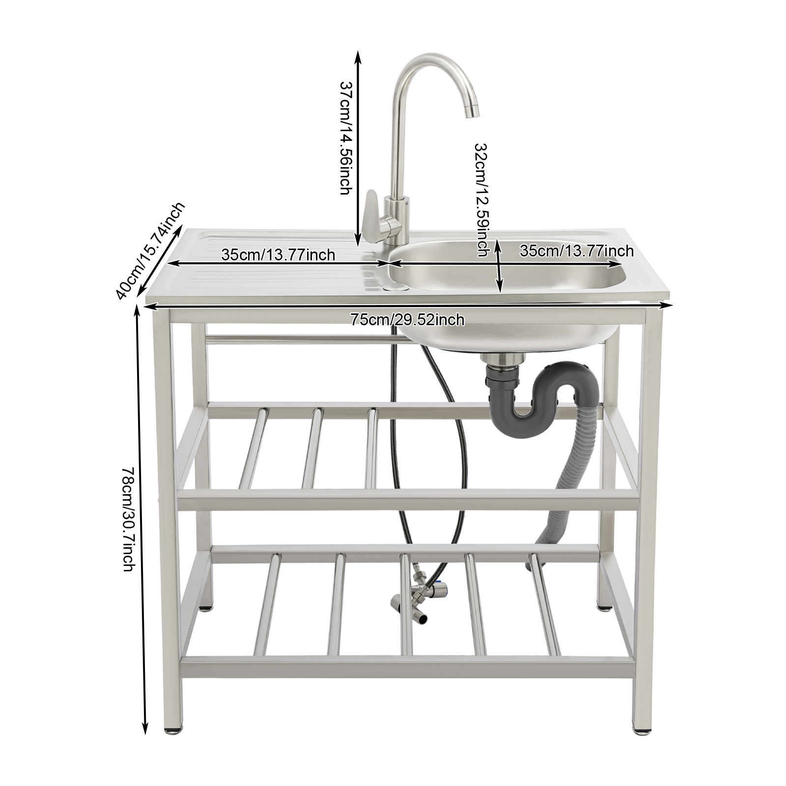 75x40x78cm Stainless Steel Kitchen Sink, Freestanding Outdoor Kitchen Utility Sink, Stainless Steel Sink with Faucet