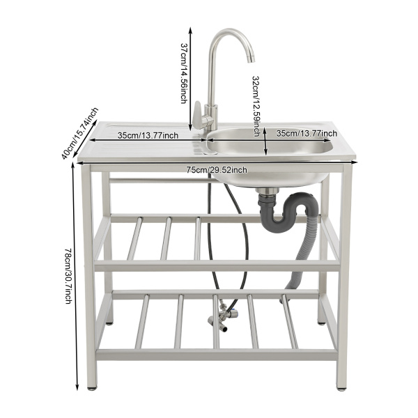 75x40x78cm Stainless Steel Kitchen Sink, Freestanding Outdoor Kitchen Utility Sink, Stainless Steel Sink with Faucet