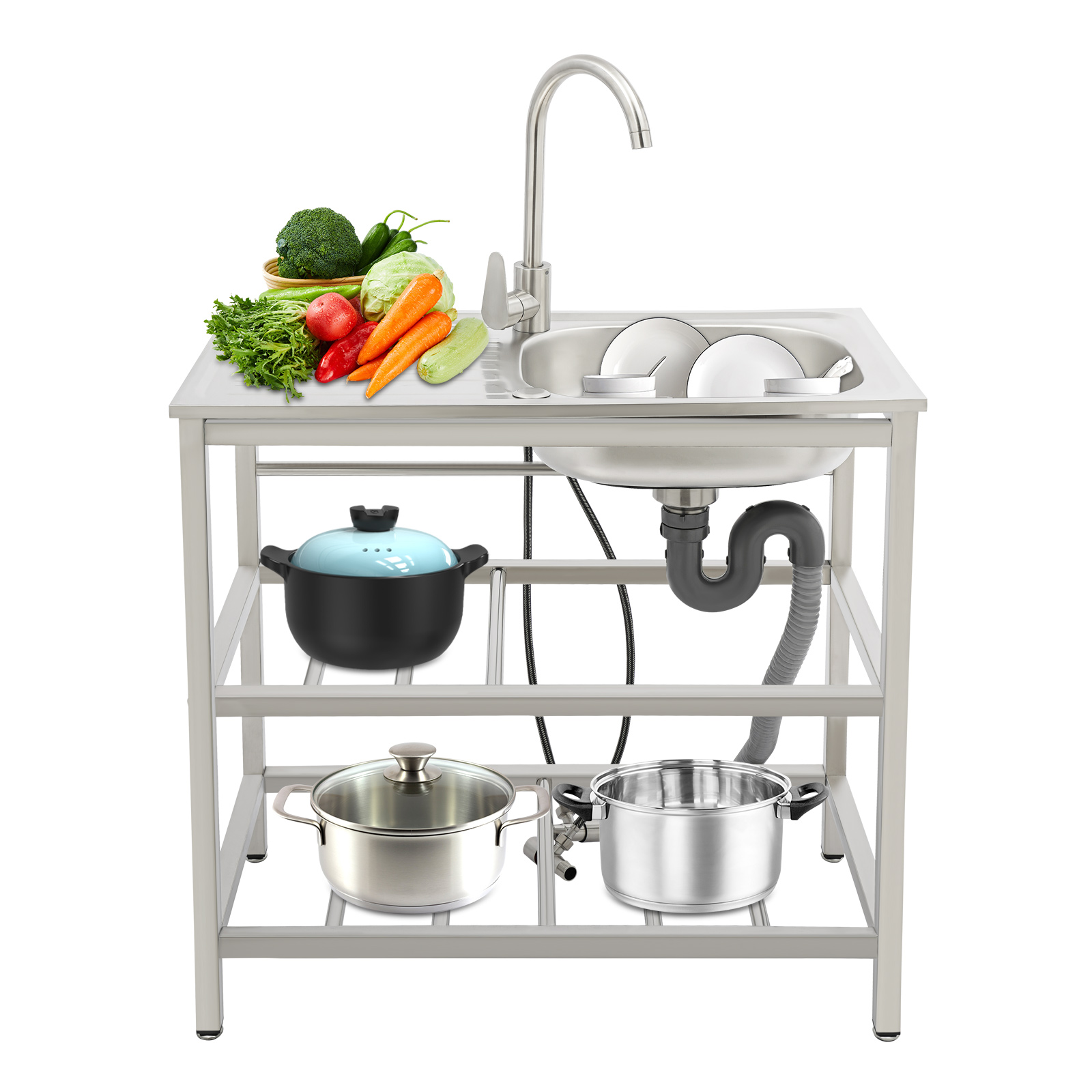 75x40x78cm Stainless Steel Kitchen Sink, Freestanding Outdoor Kitchen Utility Sink, Stainless Steel Sink with Faucet