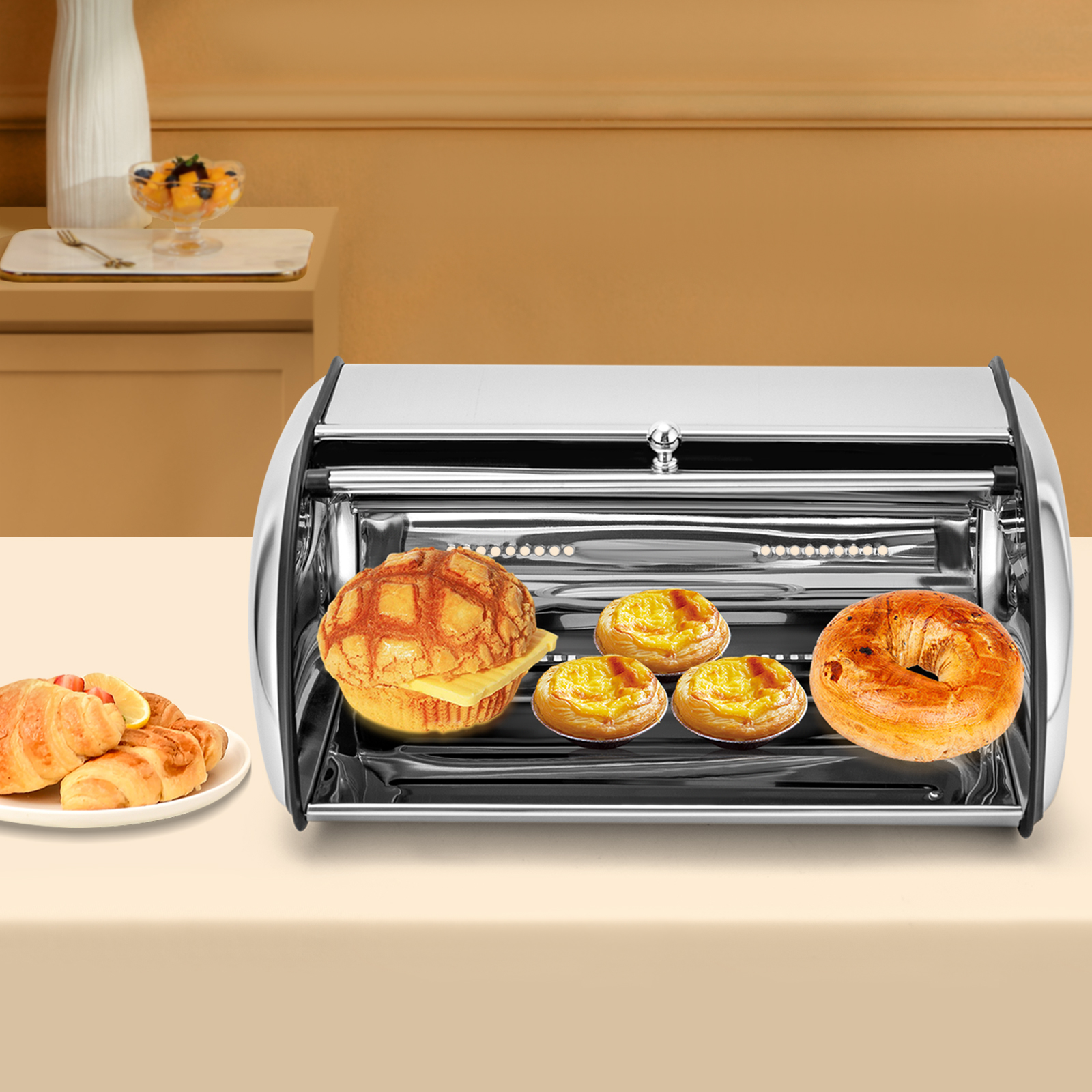 Stainless Steel Bread Box for Kitchen Countertop, Stainless Steel Bread Storage Container with Roll-up Lid and Clear Window