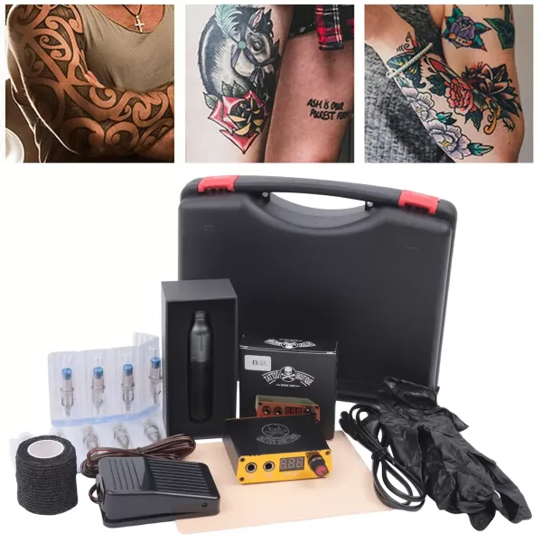 Rotary Tattoo Machine Complete Tattoo Pen with 20 Needle Cartridges Digital Display Power Supply