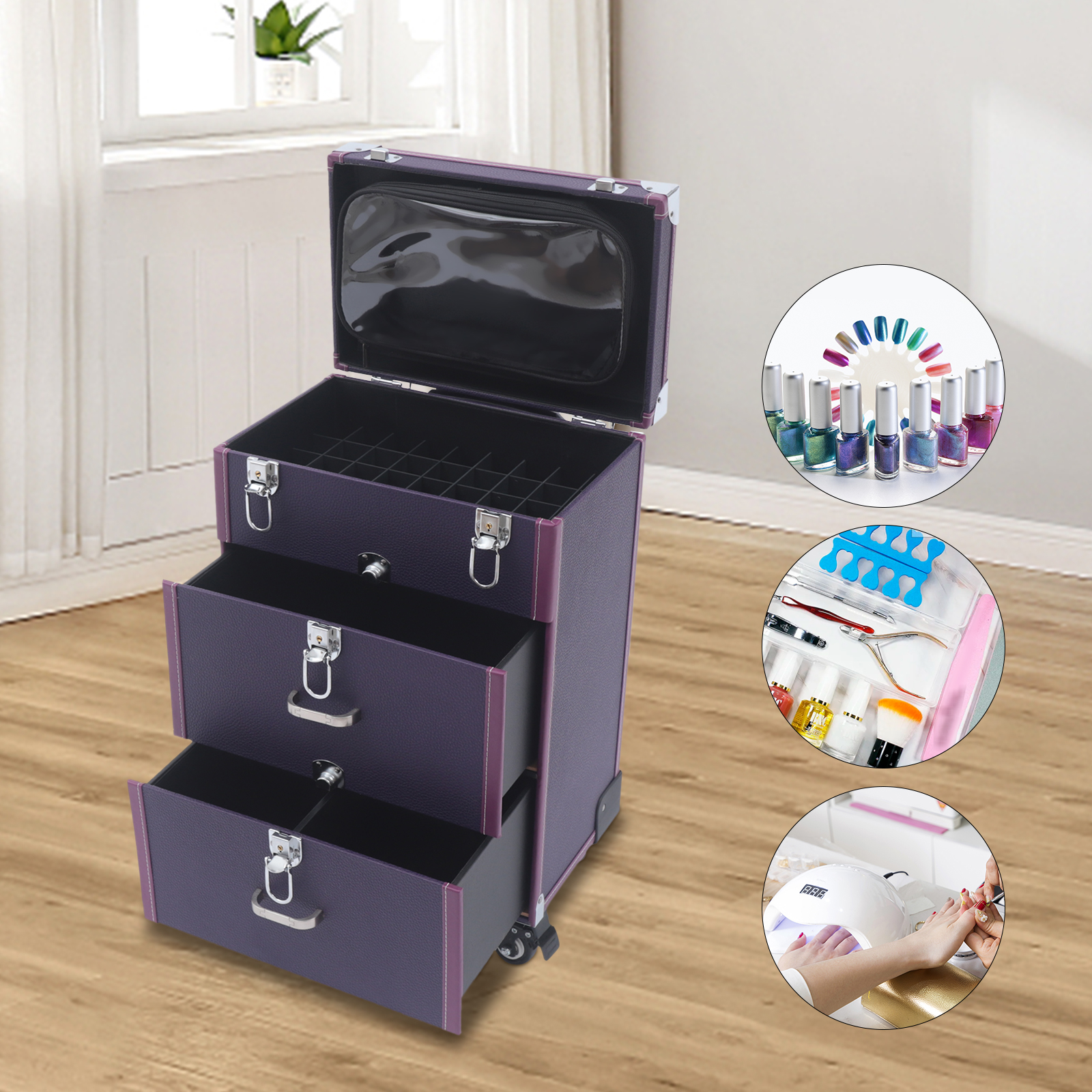 Makeup Train Case Rolling Makeup Trolley Case Nail Polish Organizer Jewelry Travel Cosmetic Train Case w/ 4 Wheels 14.2*9*19.29'' Purple