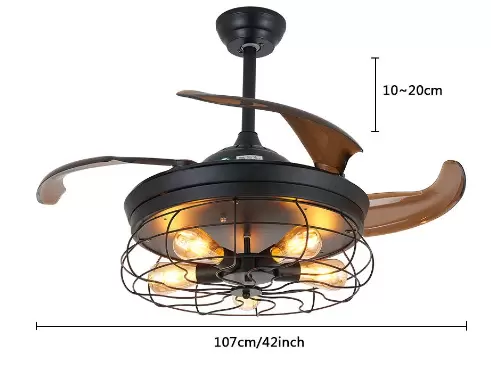 Retro Metal Ceiling Fan with 4 Retractable Blades with Light and Remote Control - Modern Quiet and Small Blades - 108cm
