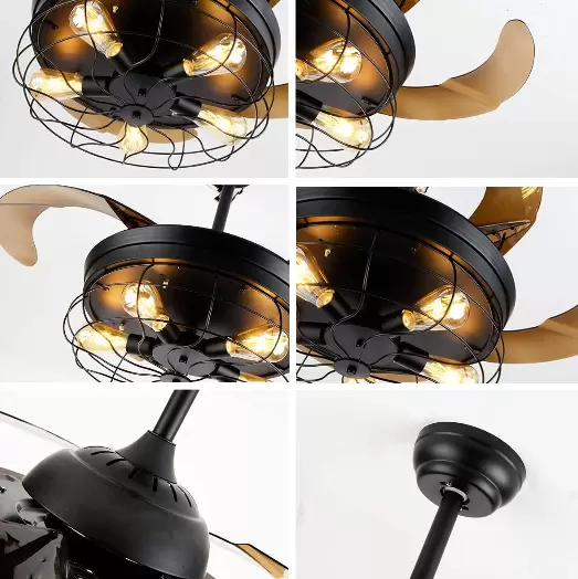 Retro Metal Ceiling Fan with 4 Retractable Blades with Light and Remote Control - Modern Quiet and Small Blades - 108cm