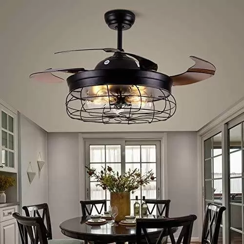 Retro Metal Ceiling Fan with 4 Retractable Blades with Light and Remote Control - Modern Quiet and Small Blades - 108cm