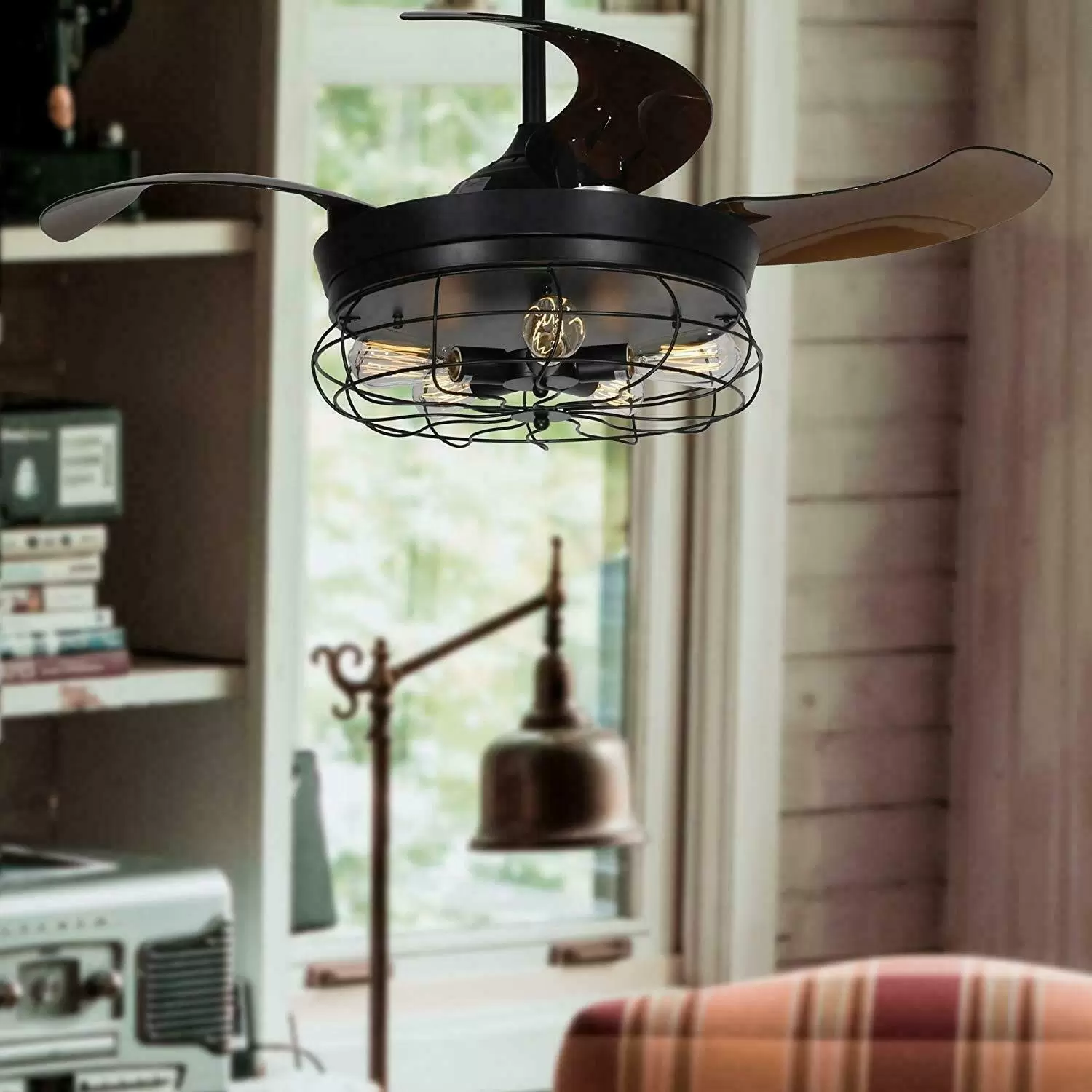 Retro Metal Ceiling Fan with 4 Retractable Blades with Light and Remote Control - Modern Quiet and Small Blades - 108cm Retro Metal Ceiling Fan with 4 Retractable Blades with Light and Remote Control - Modern Quiet and Small Blades - 108cm