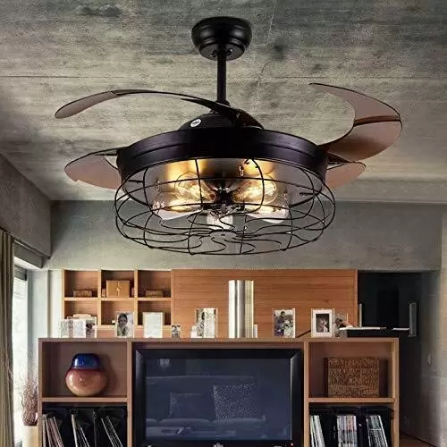 Retro Metal Ceiling Fan with 4 Retractable Blades with Light and Remote Control - Modern Quiet and Small Blades - 108cm Retro Metal Ceiling Fan with 4 Retractable Blades with Light and Remote Control - Modern Quiet and Small Blades - 108cm