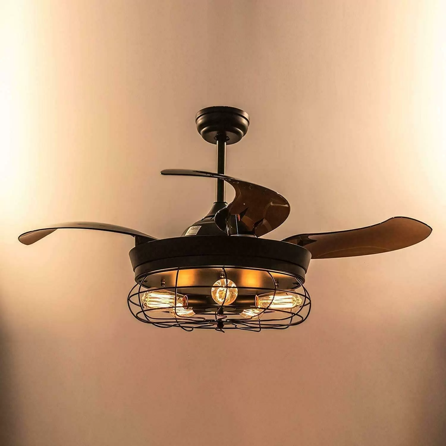 Retro Metal Ceiling Fan with 4 Retractable Blades with Light and Remote Control - Modern Quiet and Small Blades - 108cm Retro Metal Ceiling Fan with 4 Retractable Blades with Light and Remote Control - Modern Quiet and Small Blades - 108cm
